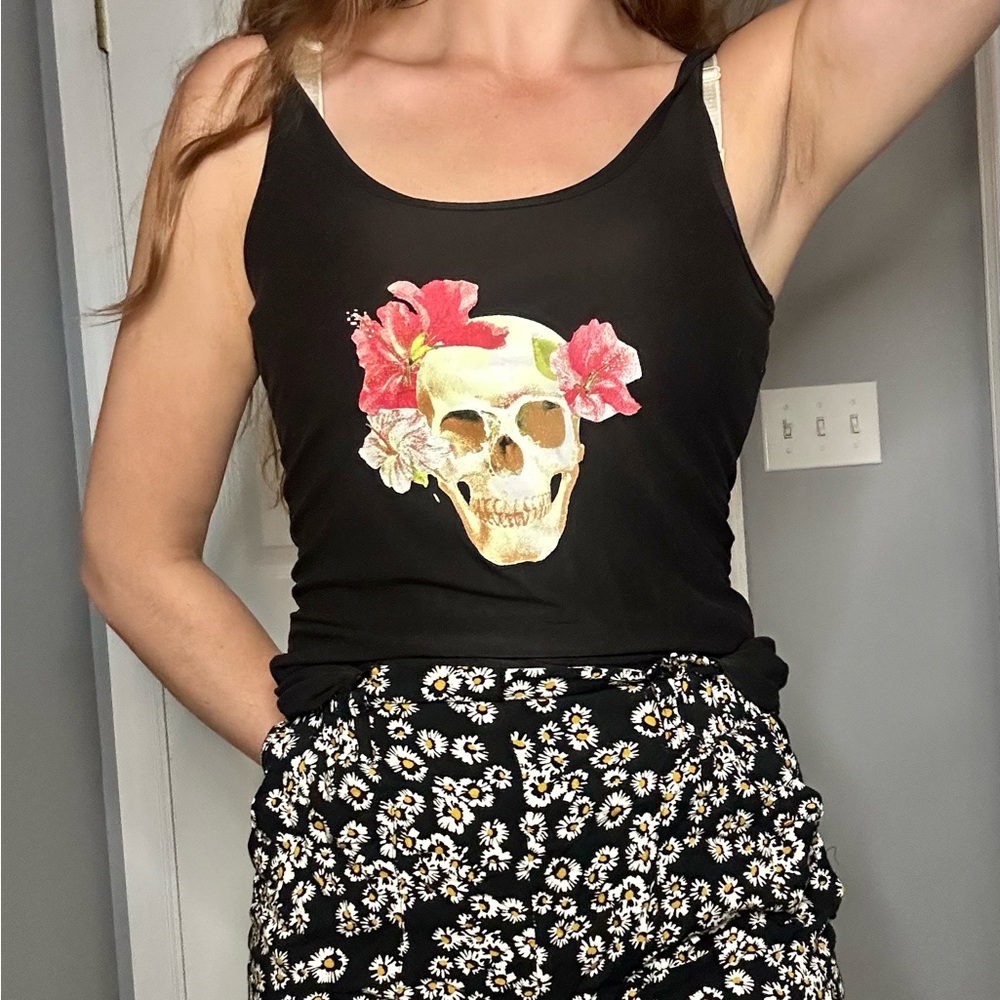 Black Skull Floral Tank Top